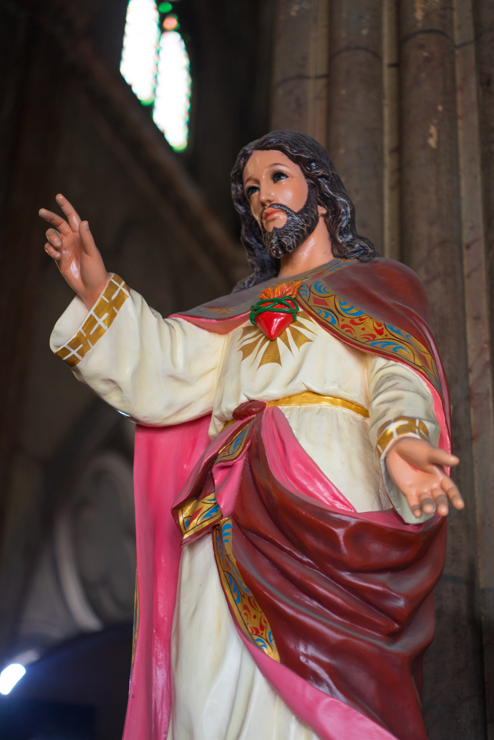 A statue of Jesus and the Sacred Heart inside the Steel Cathedral