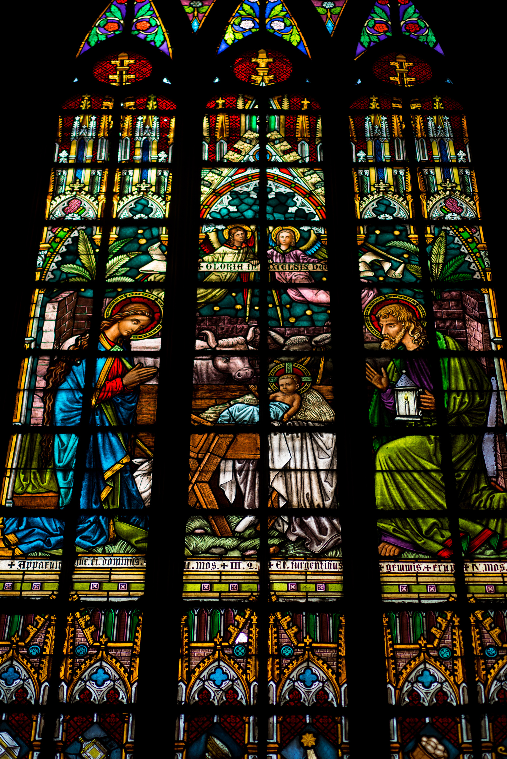 A stained glass window from inside the Steel Cathedral